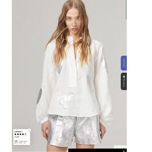 Lanhtropy Women Cupid Silver Hearts Linen Shirt XL White Boho Lagenlook Poet
